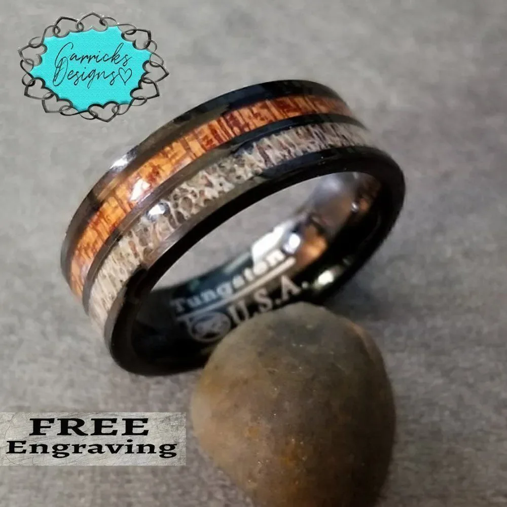 Personalized Men's Real Black Tungsten Wedding Ring - Deer bone and Koa Wood